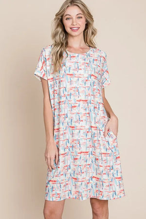BOMBOM Printed Round Neck Short Sleeve Tee Dress - Farnelli