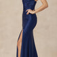 Juliet 284 Long Ruched Bodice Mermaid Evening Gown with Slit