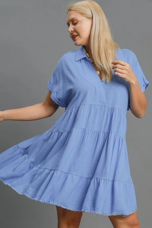 Umgee Full Size Raw Hem Folded Sleeve Tiered Dress Plus Size - Farnelli