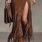 Denim Patchwork Fringe Maxi Skirt - Farnelli