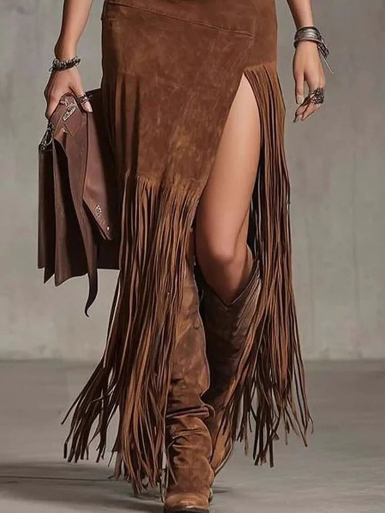 Denim Patchwork Fringe Maxi Skirt - Farnelli