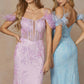 Juliet 288 Long Off the Shoulder Feather Strap Fitted Glitter Print Gown
