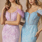 Juliet 288 Long Off the Shoulder Feather Strap Fitted Glitter Print Gown