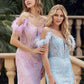 Juliet 288 Long Off the Shoulder Feather Strap Fitted Glitter Print Gown