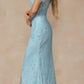 Juliet 288 Long Off the Shoulder Feather Strap Fitted Glitter Print Gown