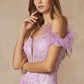 Juliet 288 Long Off the Shoulder Feather Strap Fitted Glitter Print Gown