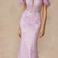 Juliet 288 Long Off the Shoulder Feather Strap Fitted Glitter Print Gown