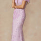 Juliet 288 Long Off the Shoulder Feather Strap Fitted Glitter Print Gown