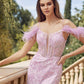 Juliet 288 Long Off the Shoulder Feather Strap Fitted Glitter Print Gown