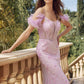 Juliet 288 Long Off the Shoulder Feather Strap Fitted Glitter Print Gown