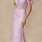 Juliet 288 Long Off the Shoulder Feather Strap Fitted Glitter Print Gown