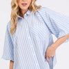 Mittoshop Button Down Striped Puff Sleeve Shirt - Light Blue