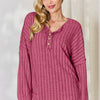 Basic Bae Full Size Ribbed Half Button Long Sleeve T-Shirt - Hot Pink