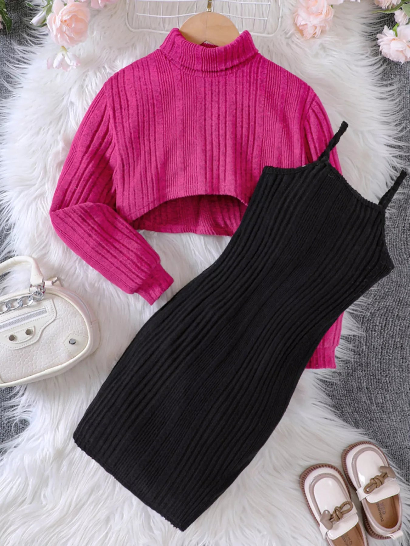 Children's Ribbed Knit Two-Tone Dress Set - Farnelli