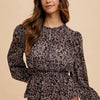 Annie Wear Abstract Print Balloon Sleeve Peplum Blouse - Black