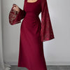 Square Neck Flare Sleeve Midi Dress - Burgundy