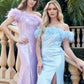 Juliet 292 Long Feather Neckline Off the Shoulder High Slit Prom Gown