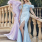 Juliet 292 Long Feather Neckline Off the Shoulder High Slit Prom Gown