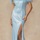 Juliet 292 Long Feather Neckline Off the Shoulder High Slit Prom Gown