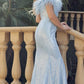 Juliet 292 Long Feather Neckline Off the Shoulder High Slit Prom Gown