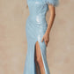 Juliet 292 Long Feather Neckline Off the Shoulder High Slit Prom Gown