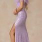 Juliet 292 Long Feather Neckline Off the Shoulder High Slit Prom Gown