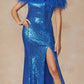 Juliet 292 Long Feather Neckline Off the Shoulder High Slit Prom Gown