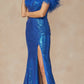 Juliet 292 Long Feather Neckline Off the Shoulder High Slit Prom Gown