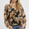 Umgee Autumn Leaf Print Balloon Sleeve Blouse - BLACK MIX