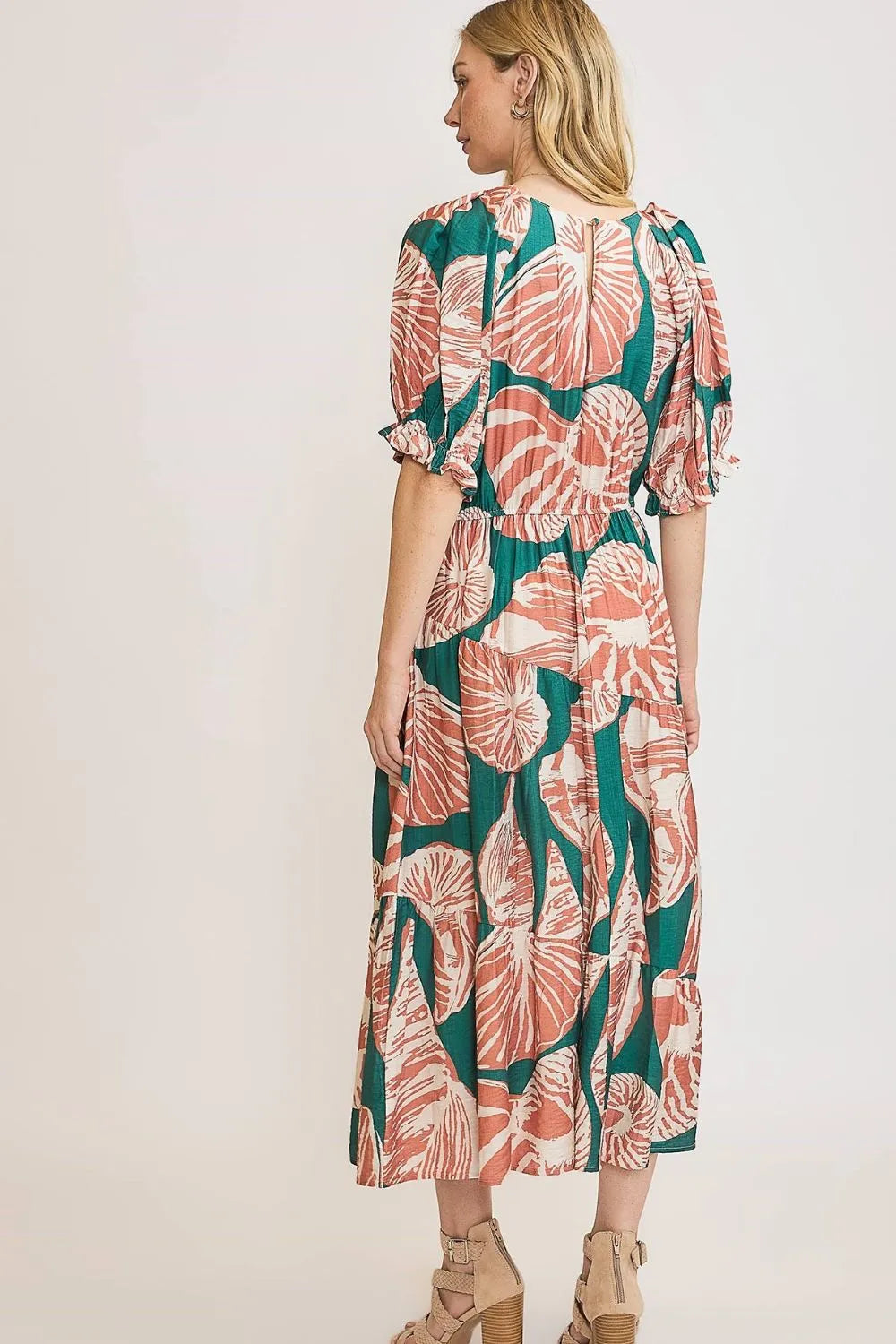 Umgee Full Size Printed Notched Puff Sleeve Midi Dress Plus Size - Farnelli