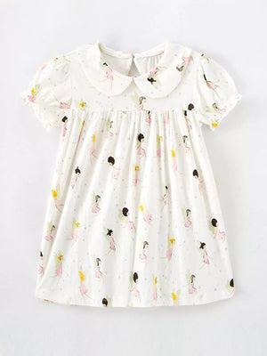 Children's Fairy Print Peter Pan Collar Puff Sleeve Dress - Farnelli