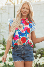 Ainara Floral Mock Neck Striped Flutter Sleeve Blouse - Farnelli