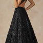 Juliet 297 Floor Length Feathered Cap Sleeve Patterned Sequin A-Line Gown