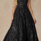 Juliet 297 Floor Length Feathered Cap Sleeve Patterned Sequin A-Line Gown