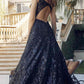 Juliet 297 Floor Length Feathered Cap Sleeve Patterned Sequin A-Line Gown
