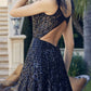 Juliet 297 Floor Length Feathered Cap Sleeve Patterned Sequin A-Line Gown