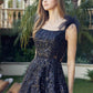 Juliet 297 Floor Length Feathered Cap Sleeve Patterned Sequin A-Line Gown