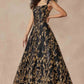Juliet 297 Floor Length Feathered Cap Sleeve Patterned Sequin A-Line Gown