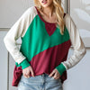 HOPELY Full Size Color Block Long Sleeve T-Shirt - Kelly Green/Burgundy