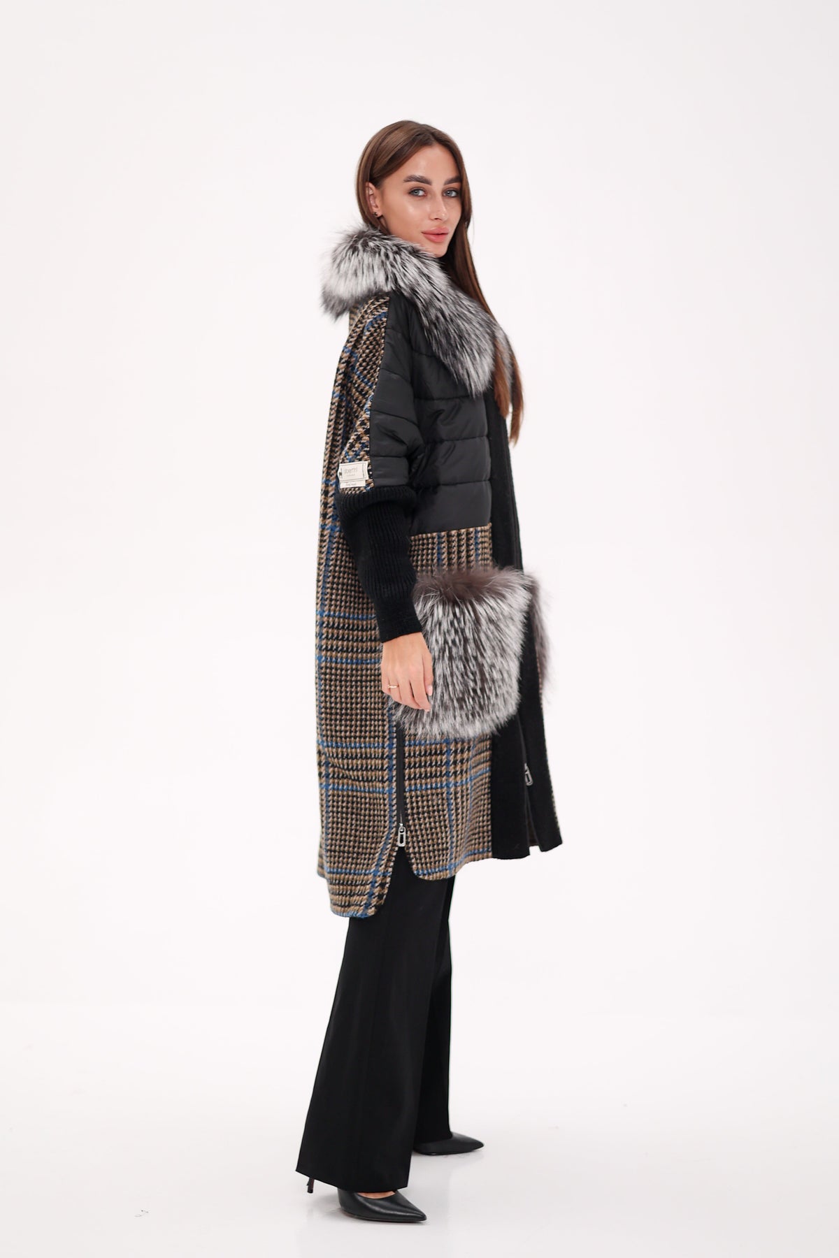 Saga Furs Silver Fox Wool Cashmere Coat by Alaska Outerwear Company in soft gray with plush fur trim