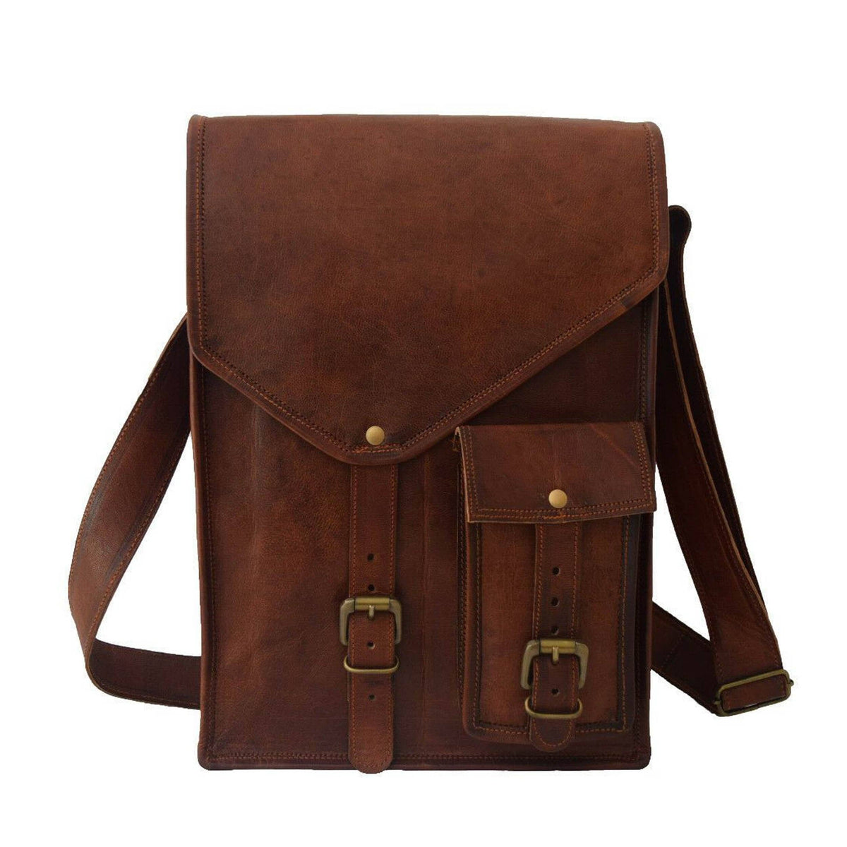 Classy Leather Bags Barnett Crossbody Messenger Bag in brown leather with adjustable strap and multiple compartments.