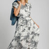 Umgee Full Size Two Tone Landscape Print Midi Dress Plus Size - Black