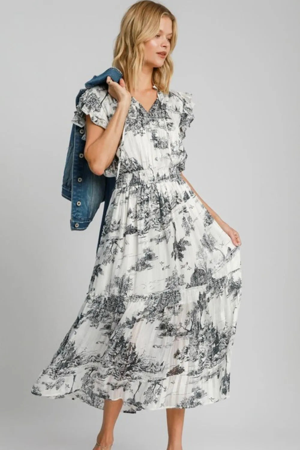 Umgee Full Size Two Tone Landscape Print Midi Dress Plus Size - Farnelli