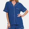 Zenana Button Down Short Sleeve Top and Shorts Lounge Set - Navy