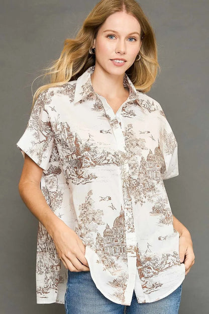 Umgee Full Size Two Tone Print Button Up Short Sleeve Shirt Plus Size - Farnelli