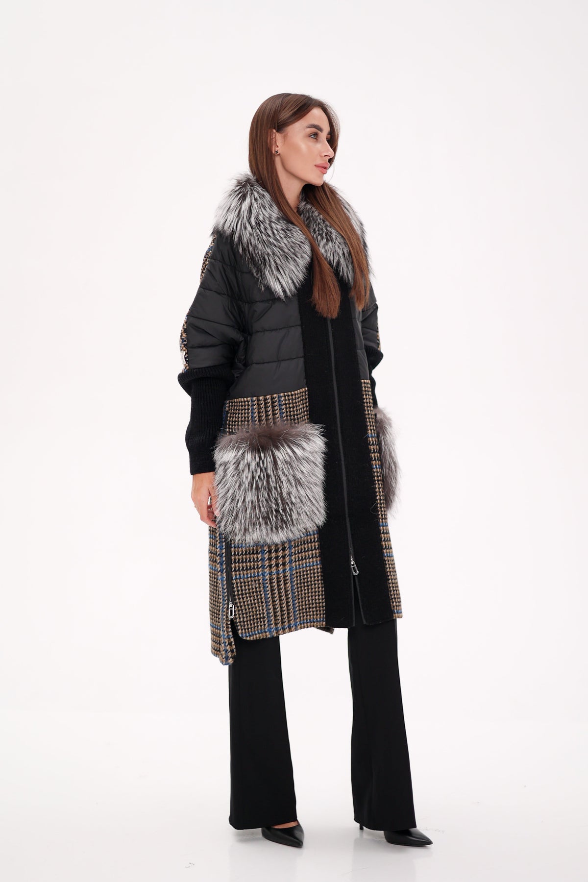 Saga Furs silver fox wool cashmere coat by Alaska Outerwear Company, featuring a plush fur-trimmed design