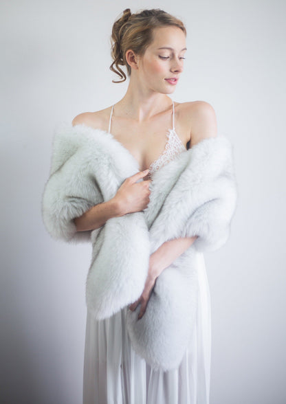 Light Gray / Silver with Black Tips Fur Shawl (Lilian LGry01)