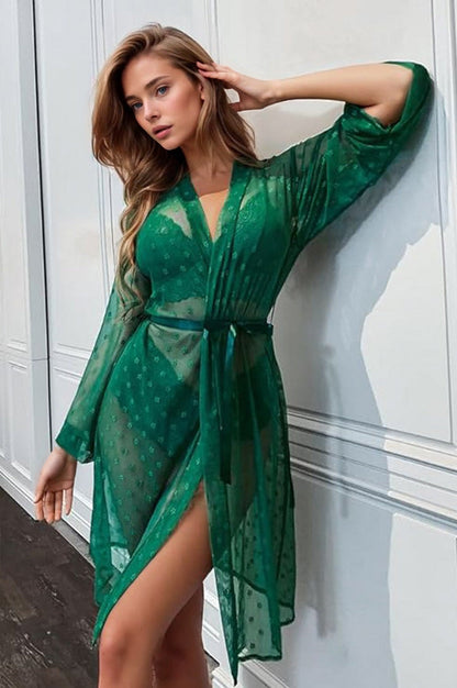French dot mesh lingerie robe and bra set from 3wishes.com, featuring delicate dot pattern, sheer fabric, and elegant design.
