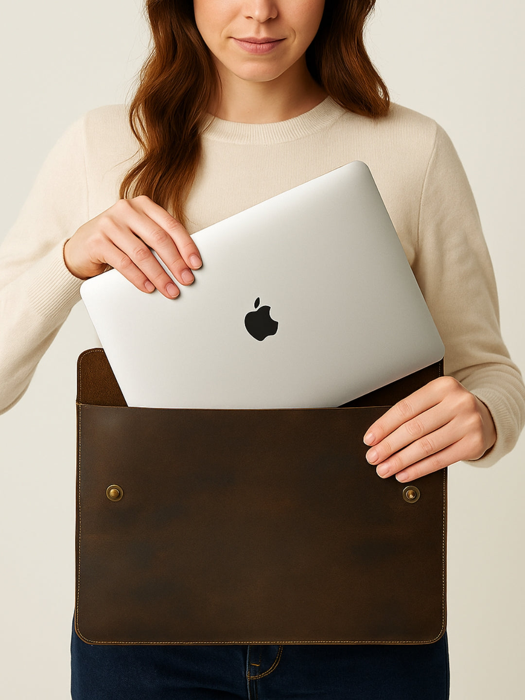 Leather MacBook Folio laptop sleeve by Classy Leather Bags, featuring smooth brown leather and sleek design.