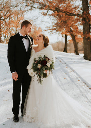 Ivory with Black Faux Fur Shawl (Lilian Wht03)